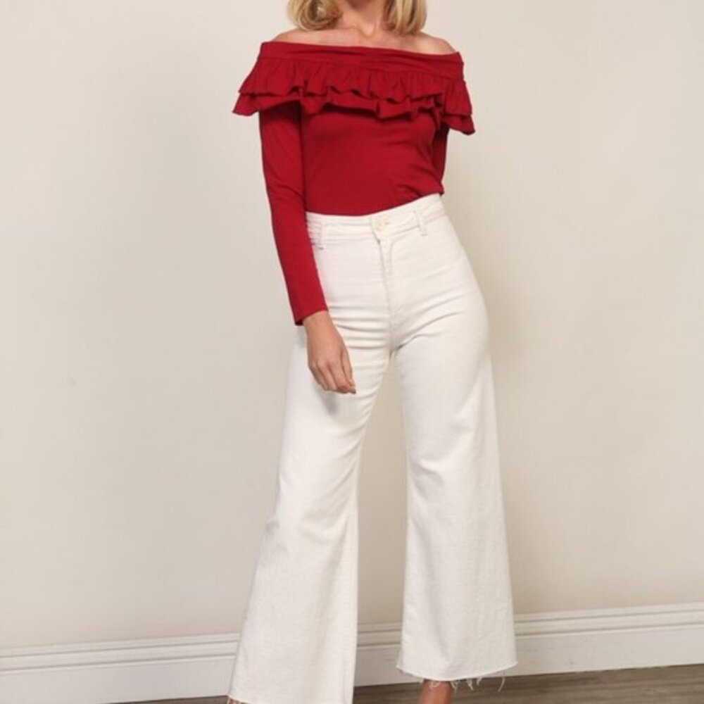 #31 - Lala Off Shoulder Deep Red Ruffle Top